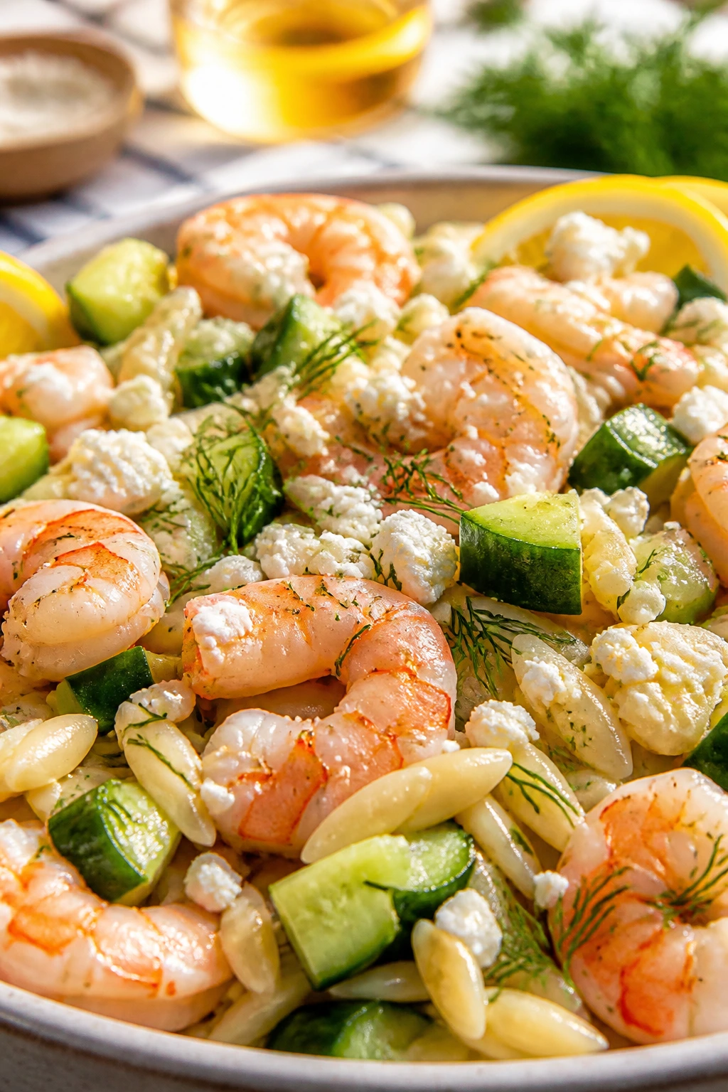Shrimp orzo salad in a bright bowl with cucumber feta dill