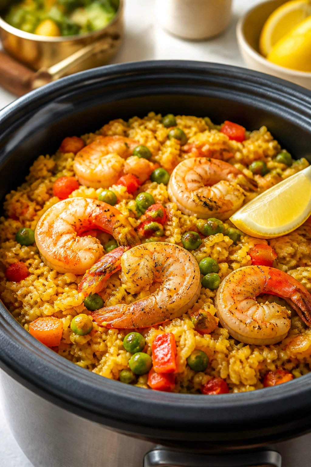 Shrimp paella-style rice cooker bowl close-up