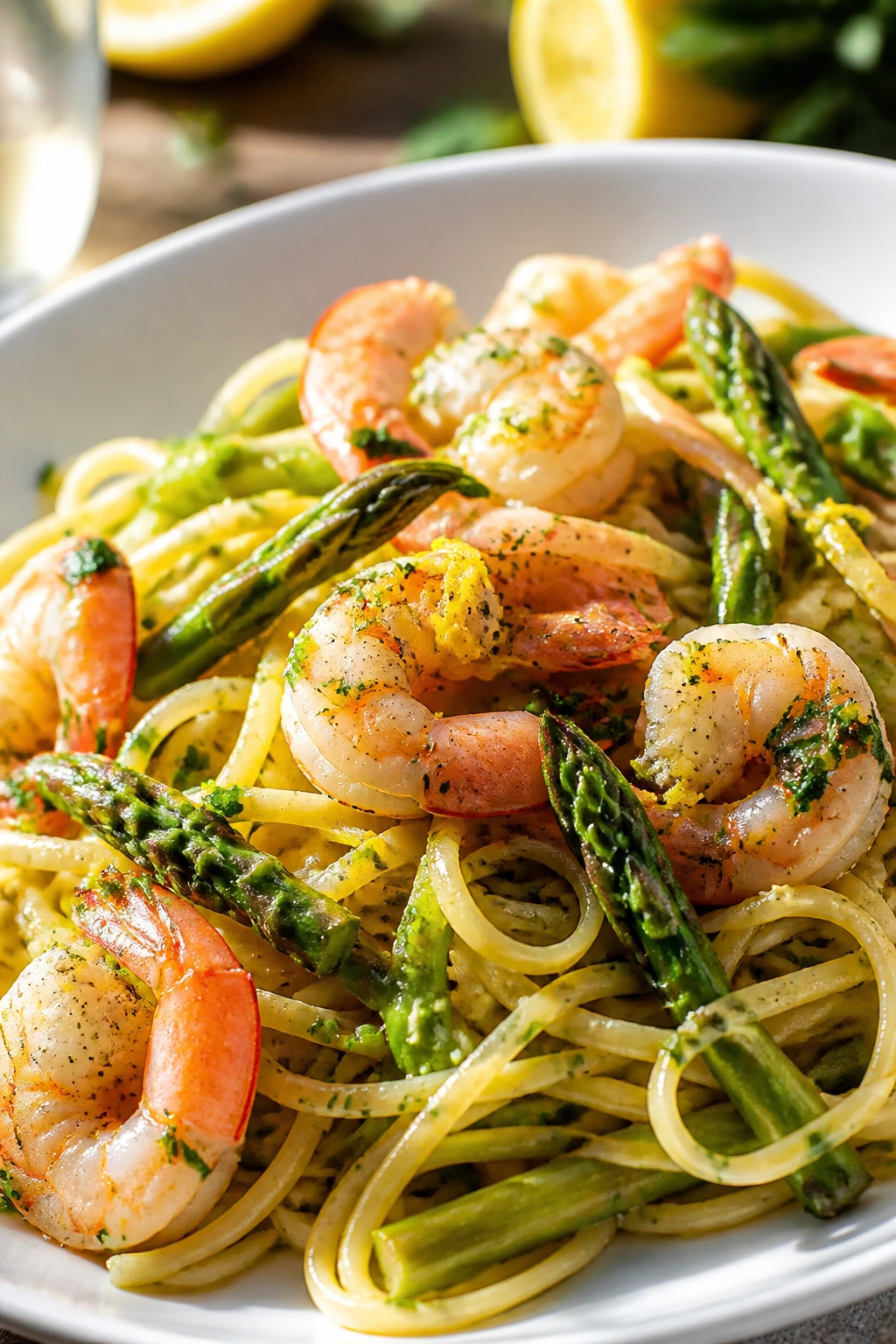 Bright lemon garlic shrimp pasta with asparagus on a plate