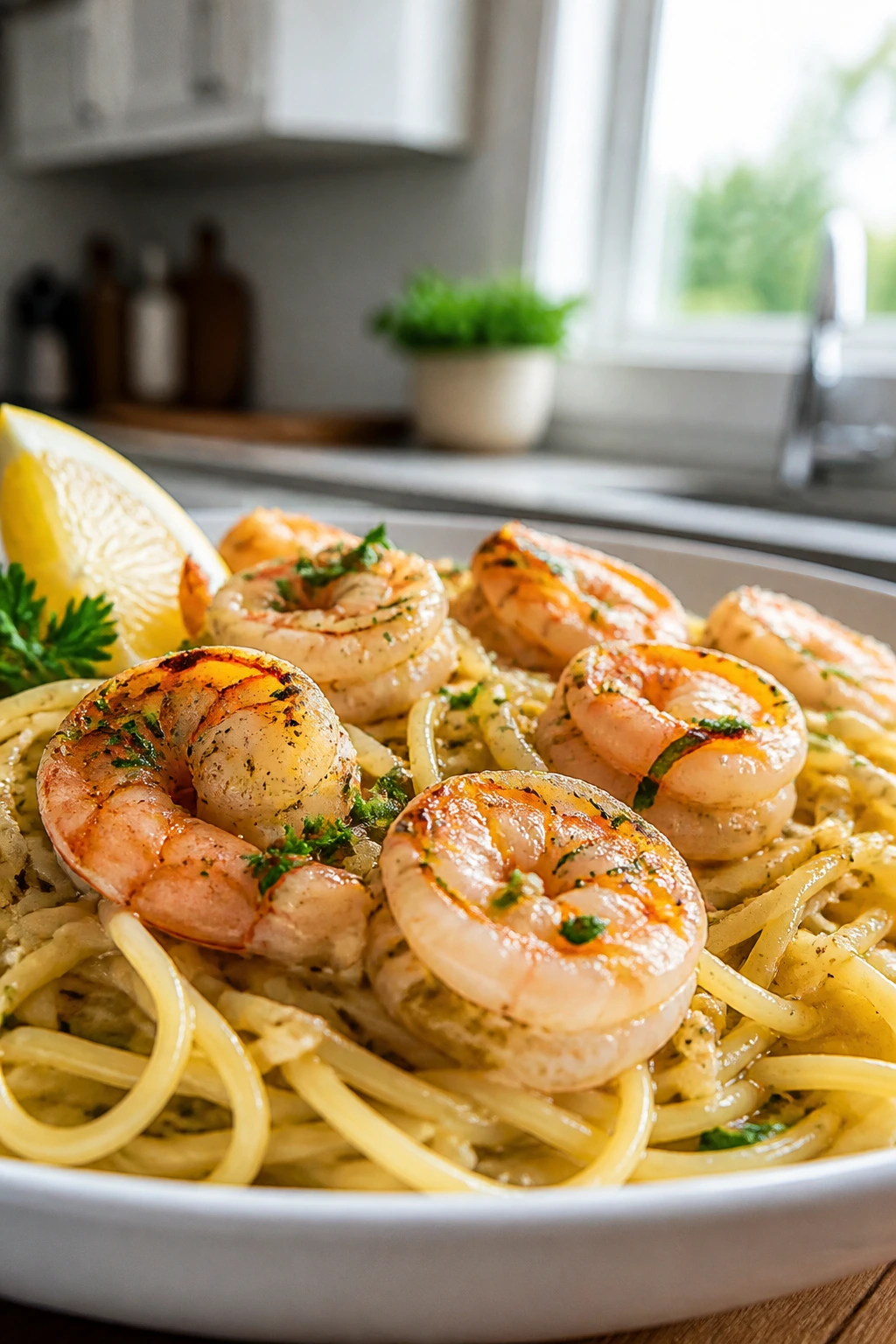 Close-up of Garlic Butter Shrimp Pasta on a plate with lemon and parsley