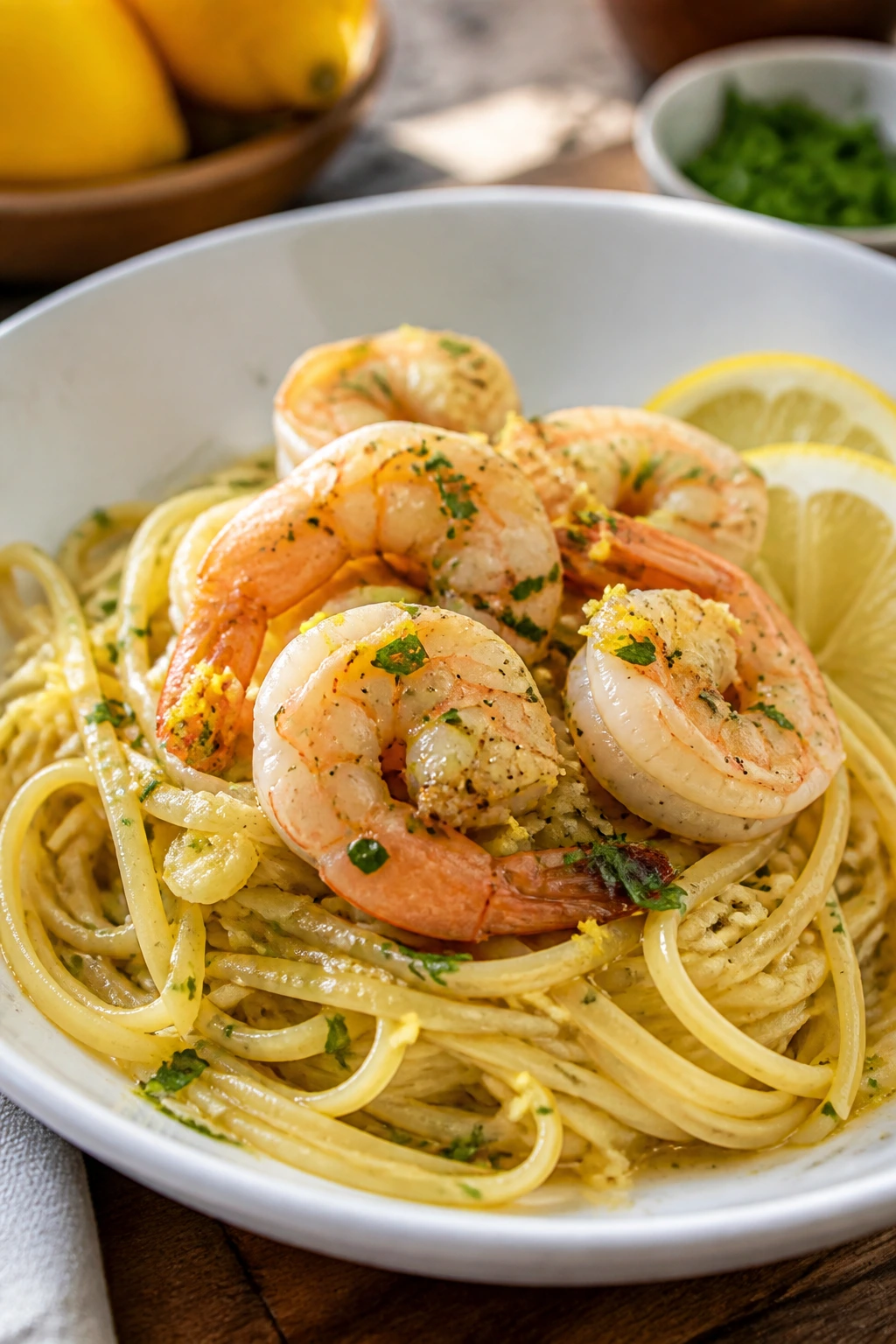 Close-up of lemon garlic shrimp pasta on a bright plate with lemon and parsley