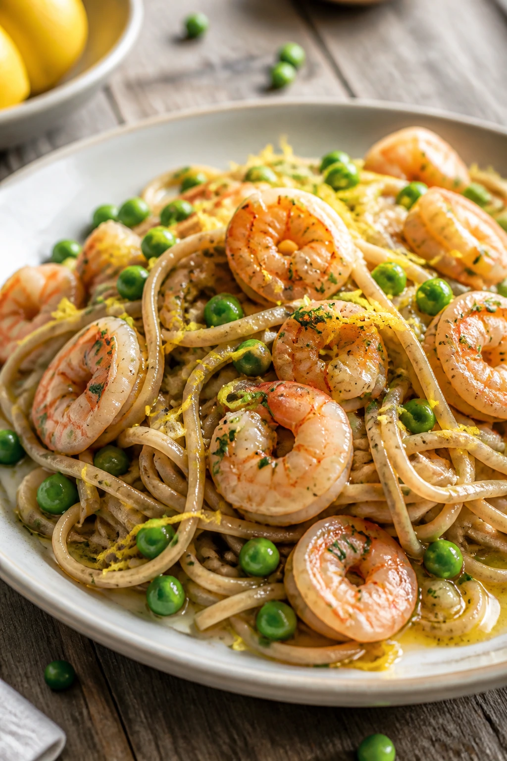 Shrimp pasta with peas and lemon zest on rustic table