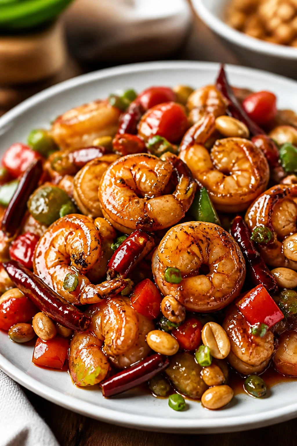 Close-up of Kung Pao Shrimp with peanuts and chiles in a glossy sauce