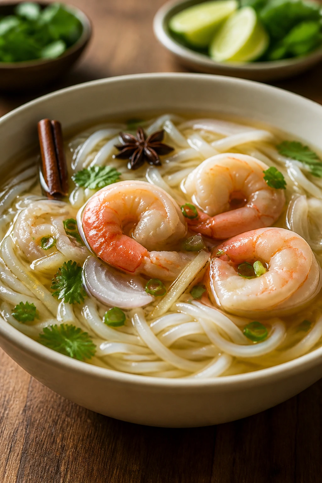 Shrimp pho-inspired rice noodle soup in a bowl with noodles and shrimp
