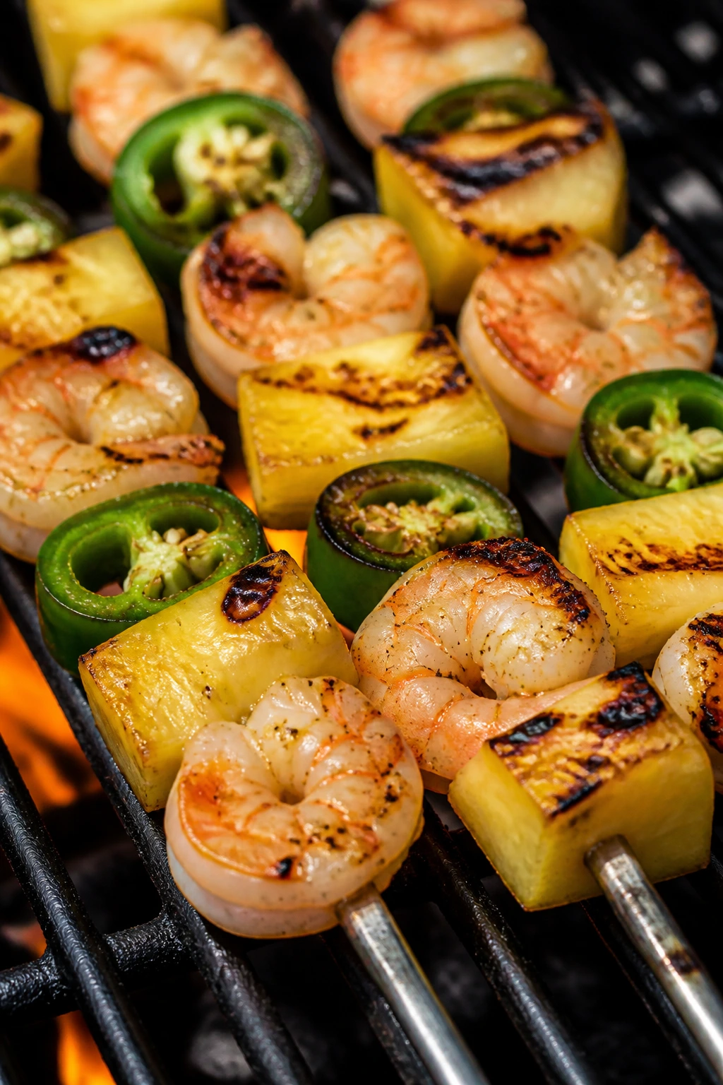 Shrimp, pineapple, and jalapeño skewers on a grill