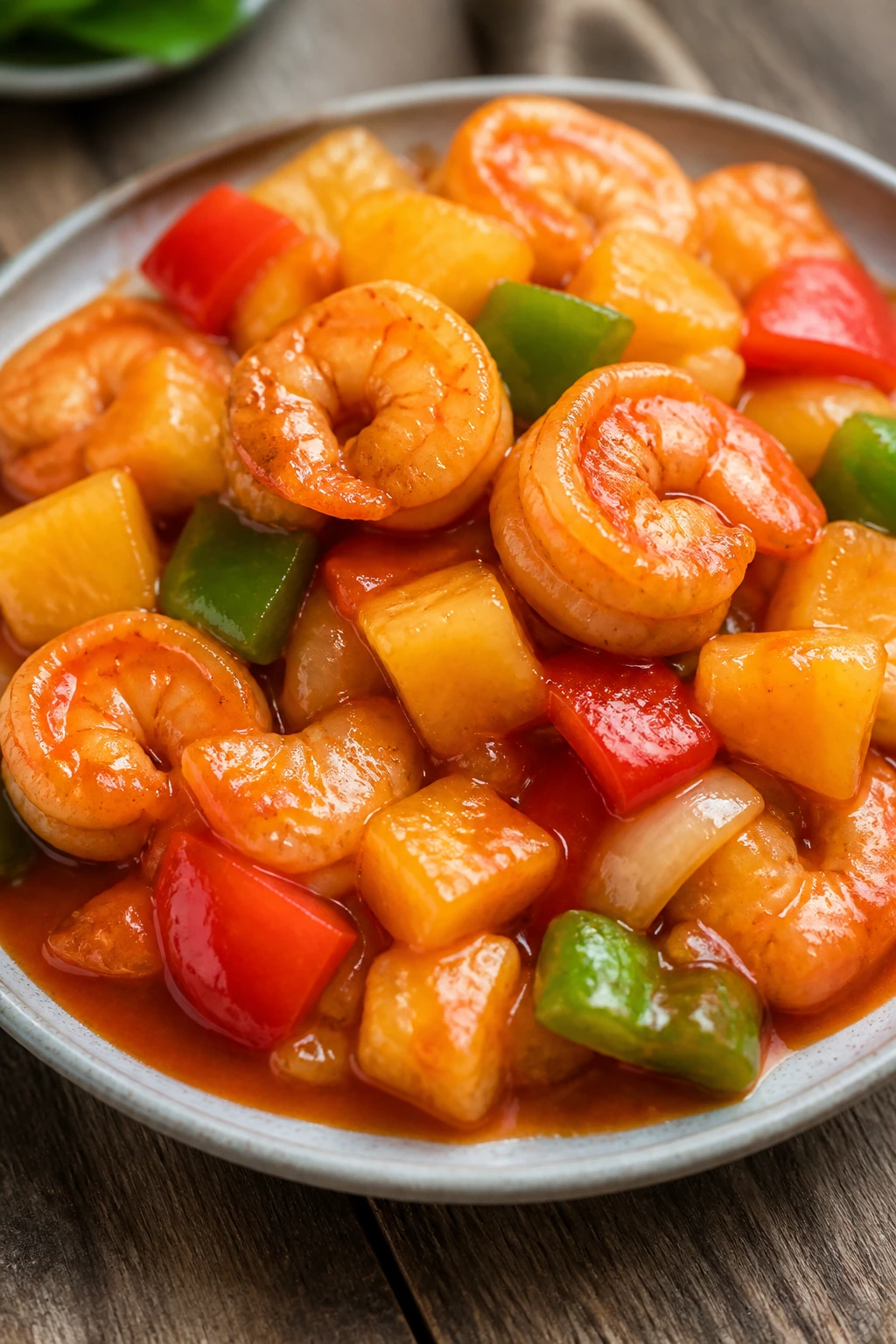 Shrimp with pineapple in sweet-sour glaze on plate