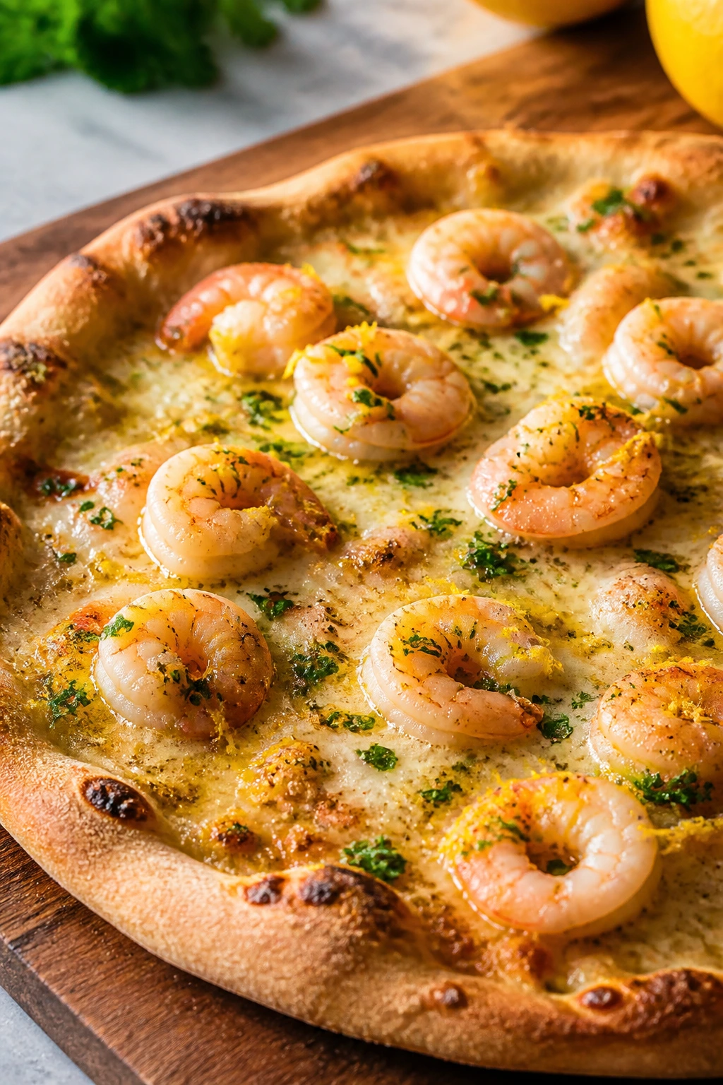 Close-up of shrimp scampi pizza with garlic butter and lemon zest