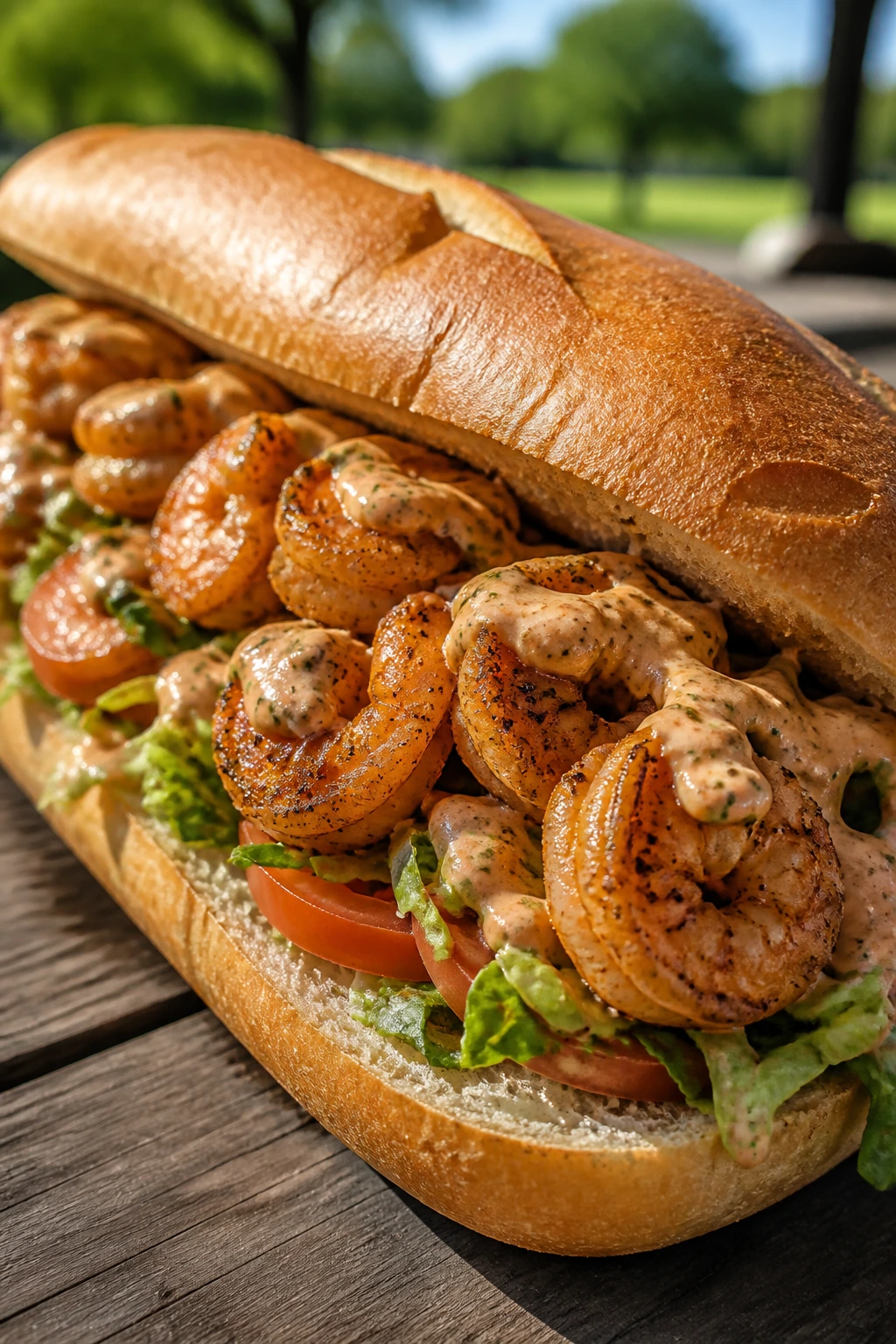 Long shrimp po' boy sandwich with lettuce and remoulade outdoors