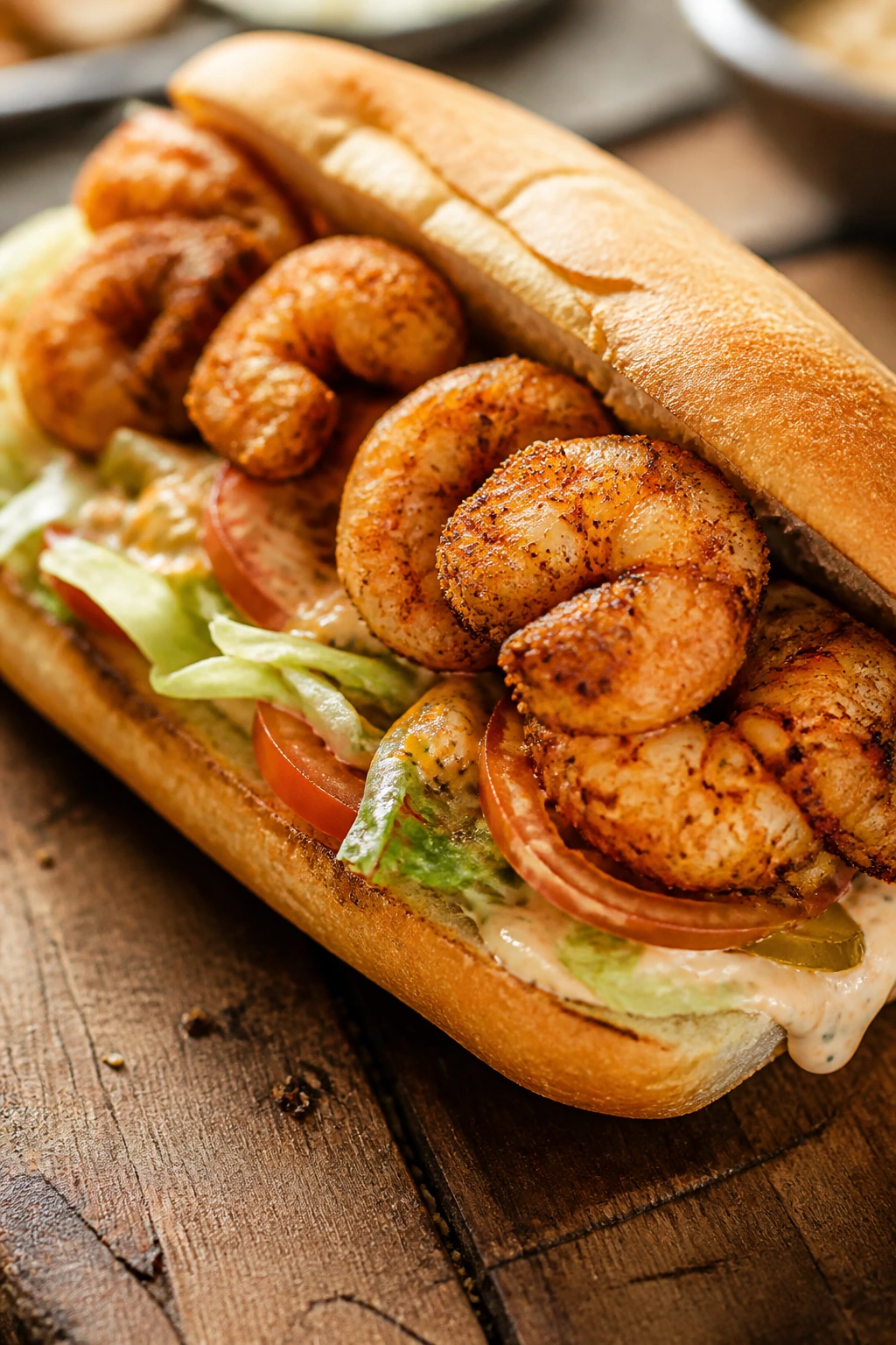 Close-up of shrimp po' boy sandwich with crispy shrimp and remoulade on a toasted bun