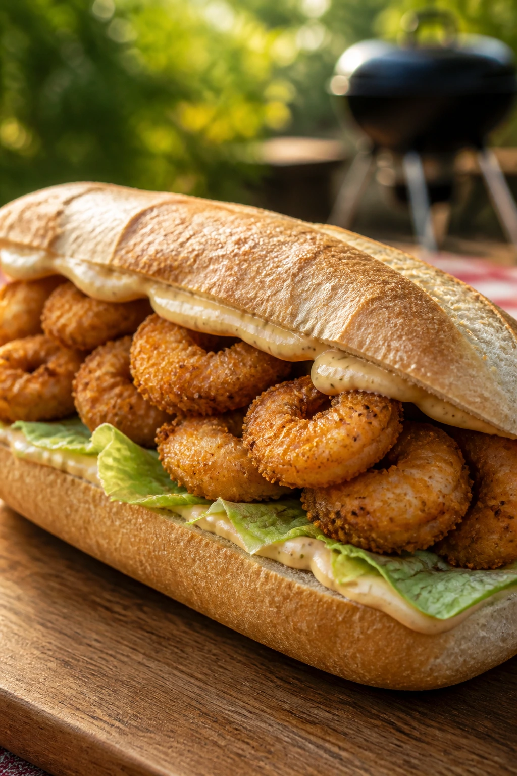 Close-up of a Shrimp Po’ Boy Sandwich with cornmeal shrimp and remoulade outdoors