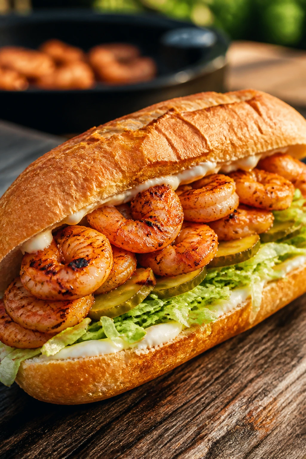 Close-up of a spicy shrimp Po' Boy sandwich with lettuce and pickles on a crusty roll