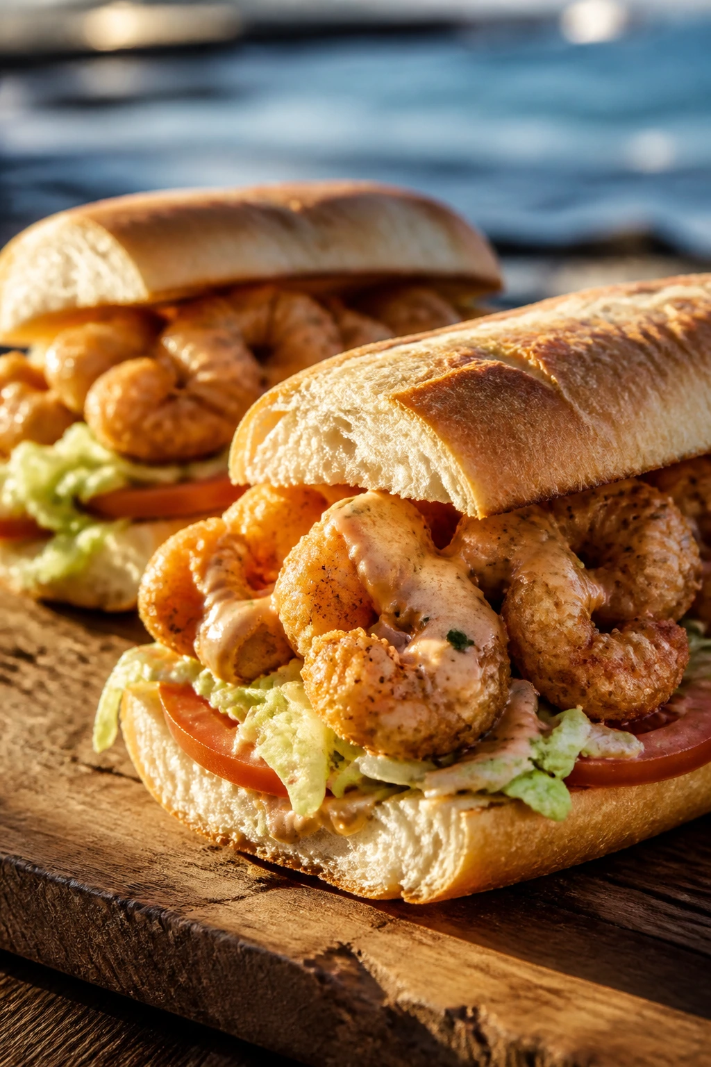 Two crispy shrimp po' boy sandwiches on a wooden board