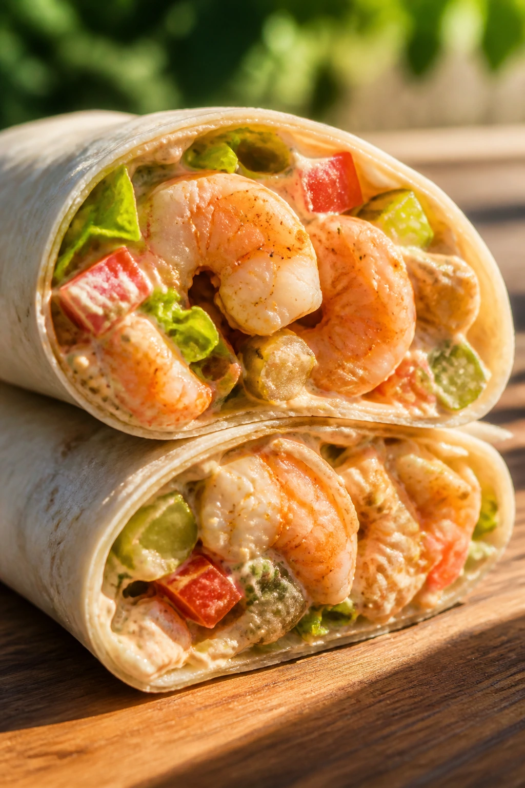 Close-up of a shrimp poboy wrap cross-section on a wooden table