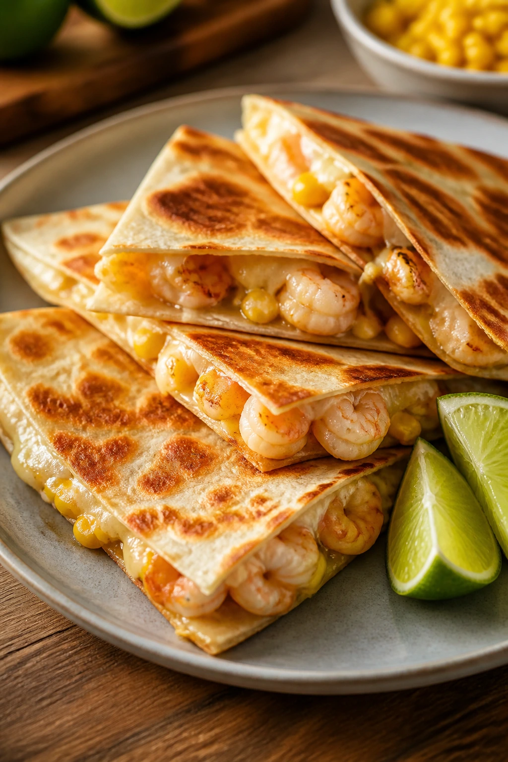 Quesadilla wedges with shrimp and melted cheese on a plate
