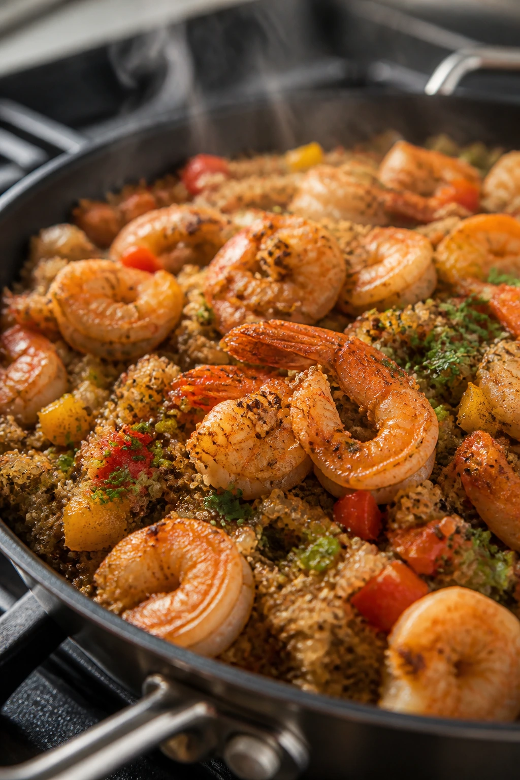Close-up of shrimp and quinoa Cajun skillet with peppers