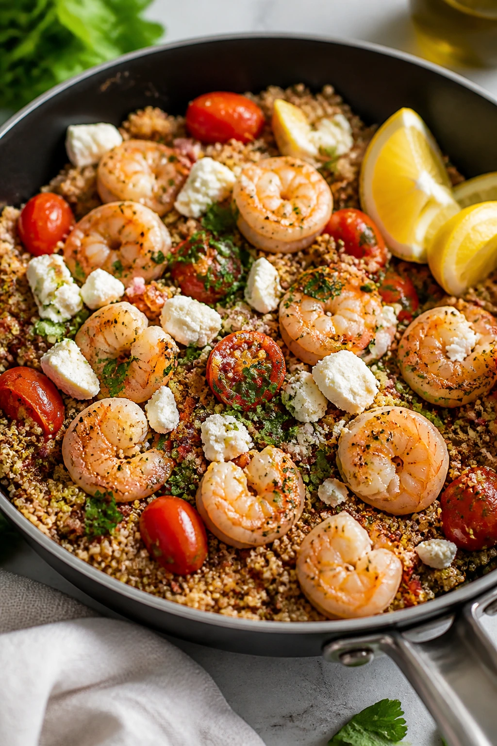 Shrimp, quinoa, and feta in a skillet