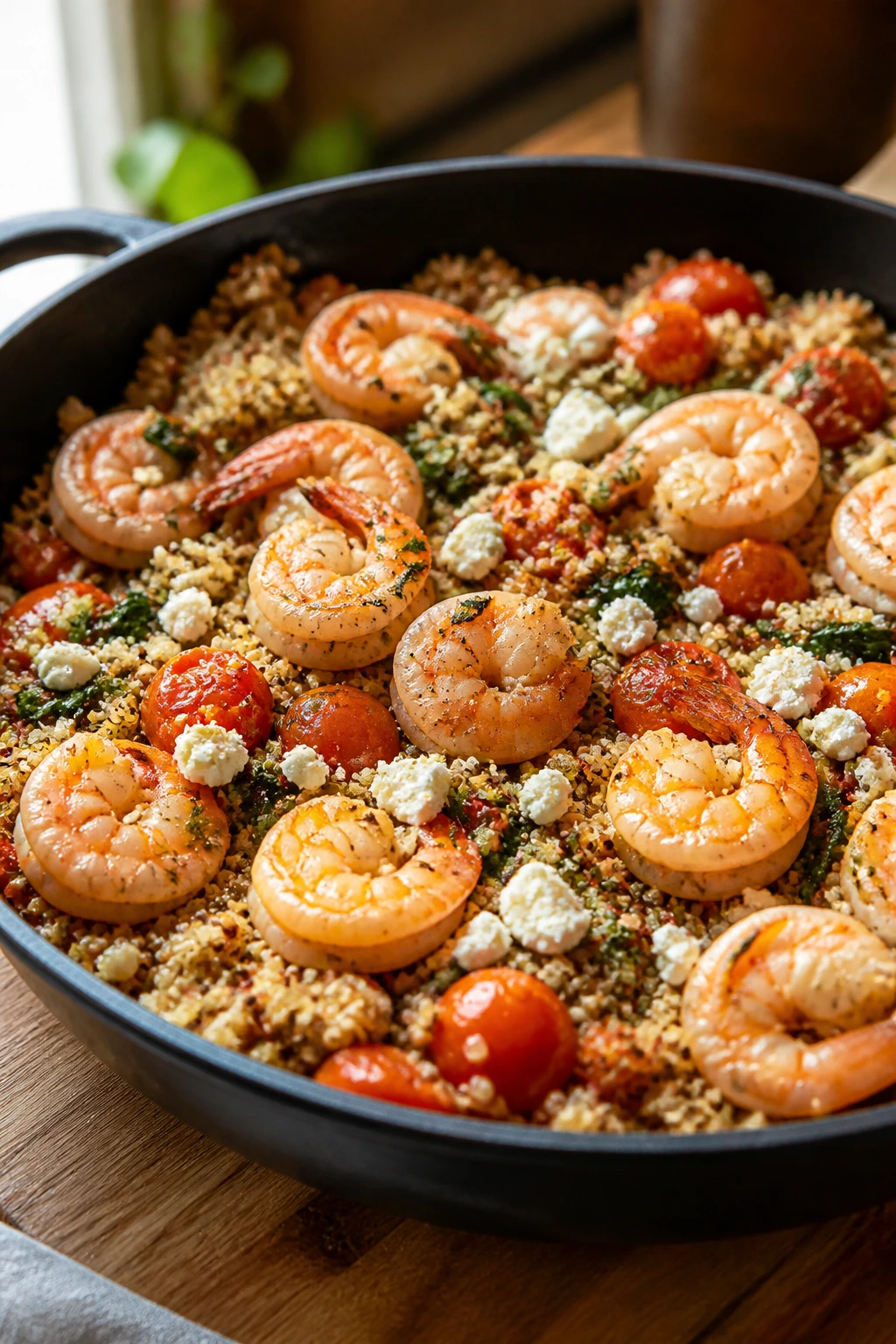 Close-up of a skillet with shrimp, quinoa, tomatoes and feta, warm kitchen setting
