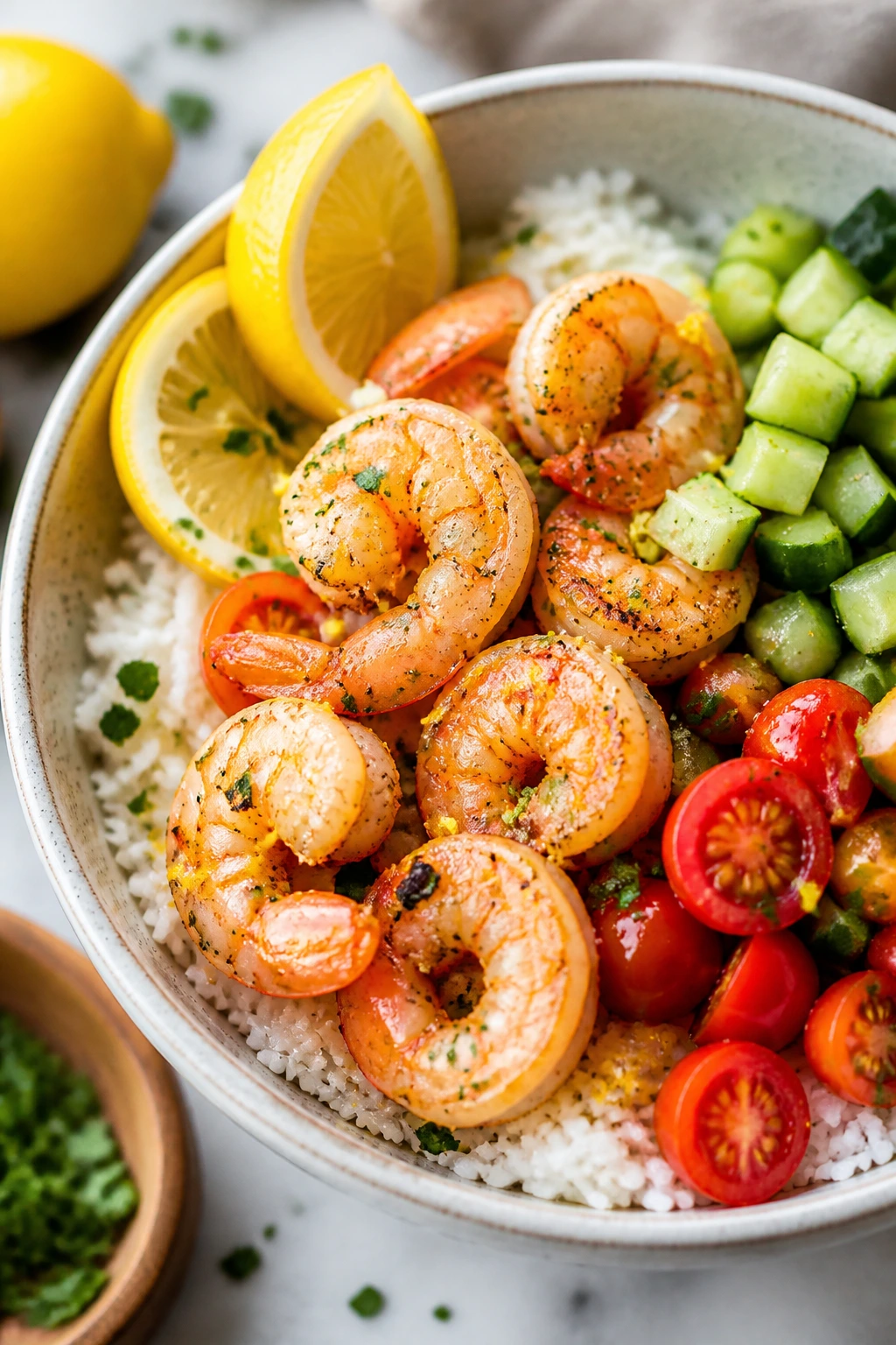 Shrimp rice bowl with lemon zest cucumber and tomatoes