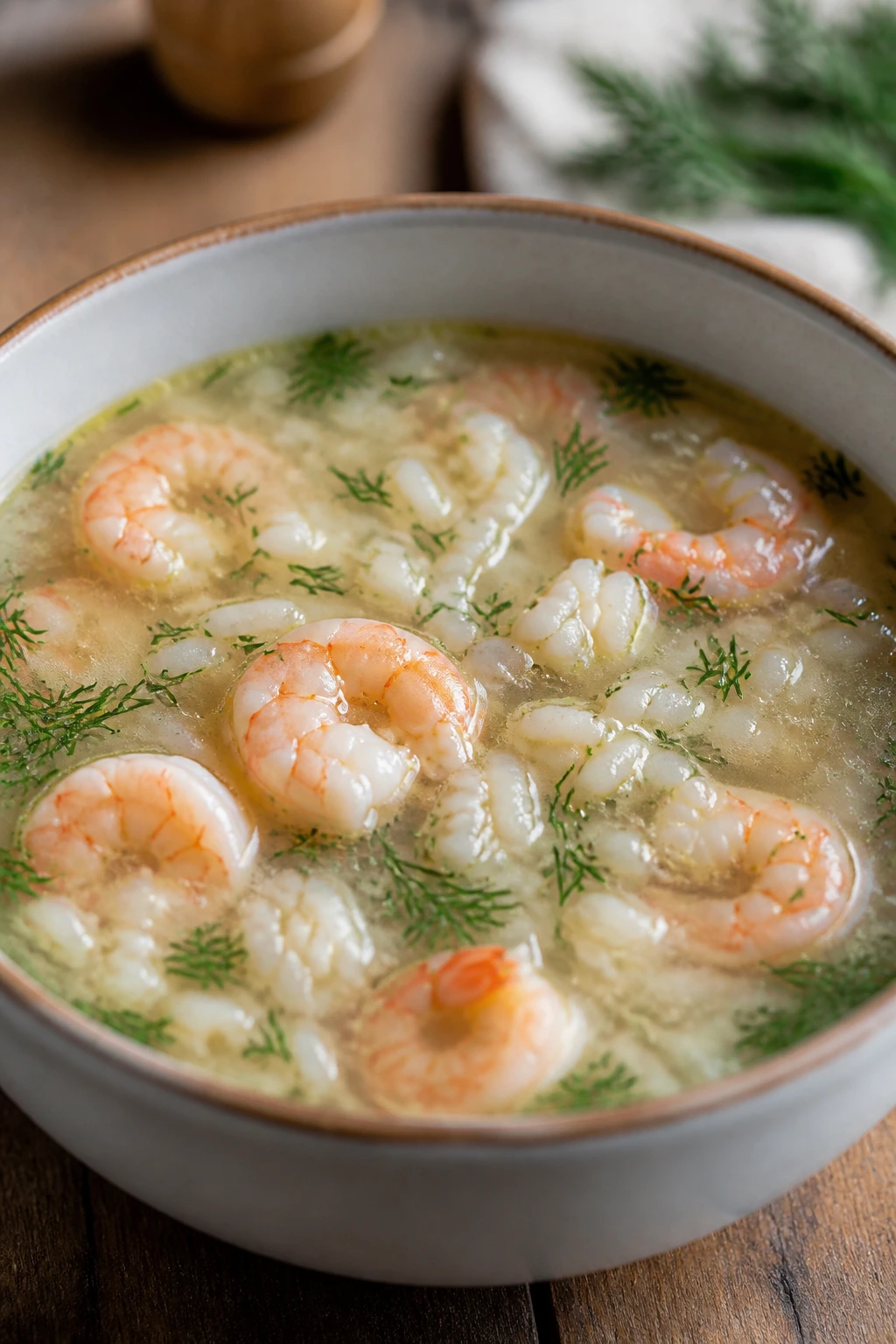 Close-up of Shrimp and Rice Soup with dill