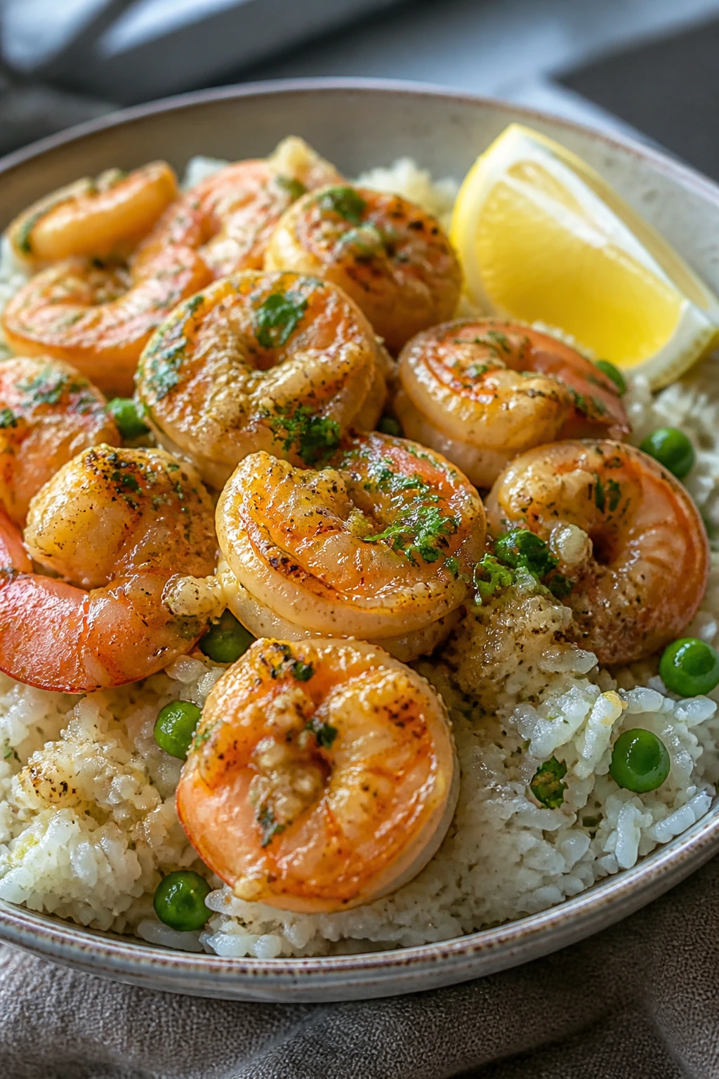 Close-up of shrimp over garlic butter rice