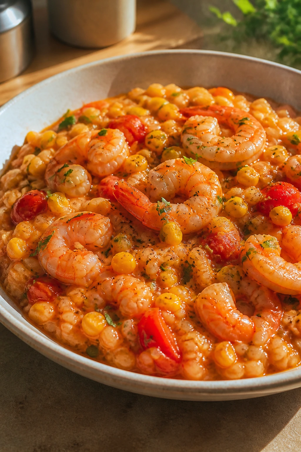 Close-up of corn and tomato risotto with shrimp