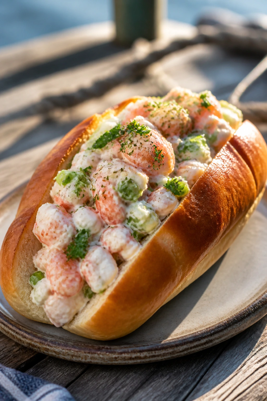 Shrimp roll with lemon mayo close-up on wooden table outdoors