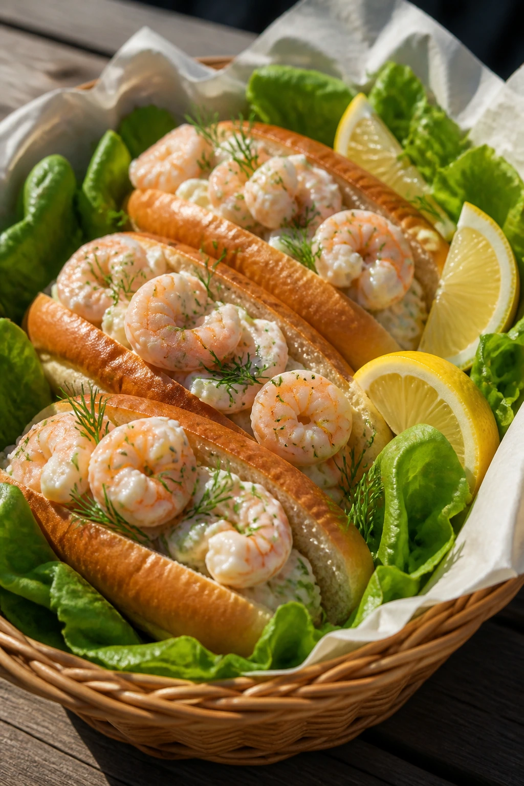 Close-up of a shrimp roll basket with lemon wedges, dill, and lettuce on a wooden picnic table outdoors