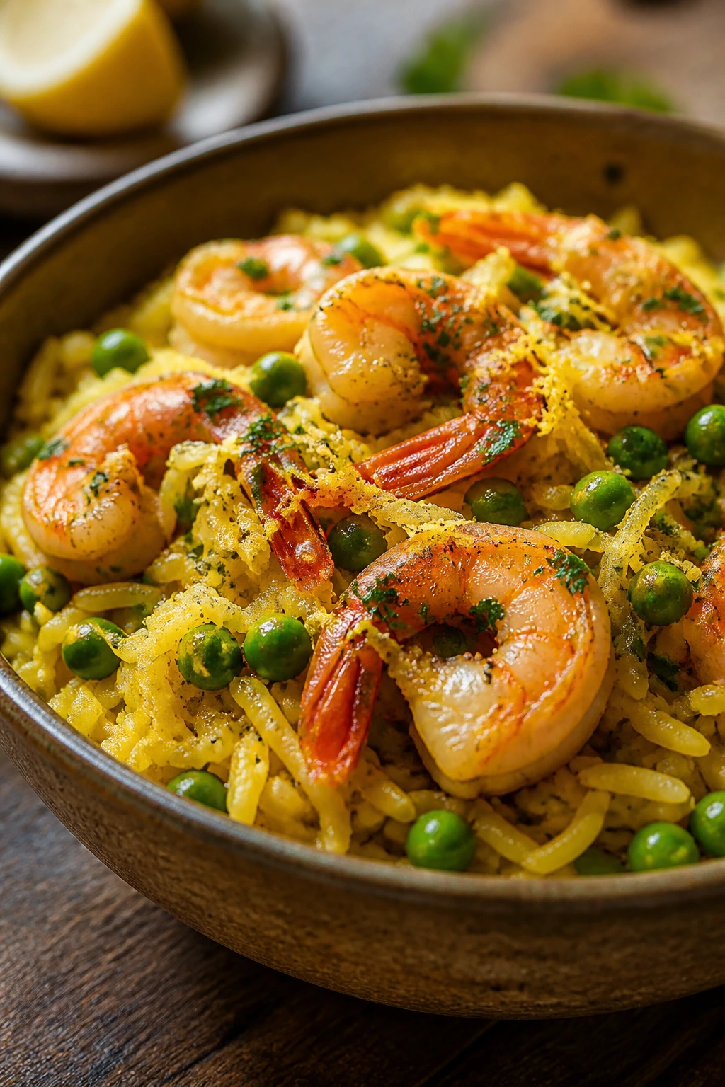 Close-up of a saffron shrimp rice bowl with peas on a rustic table