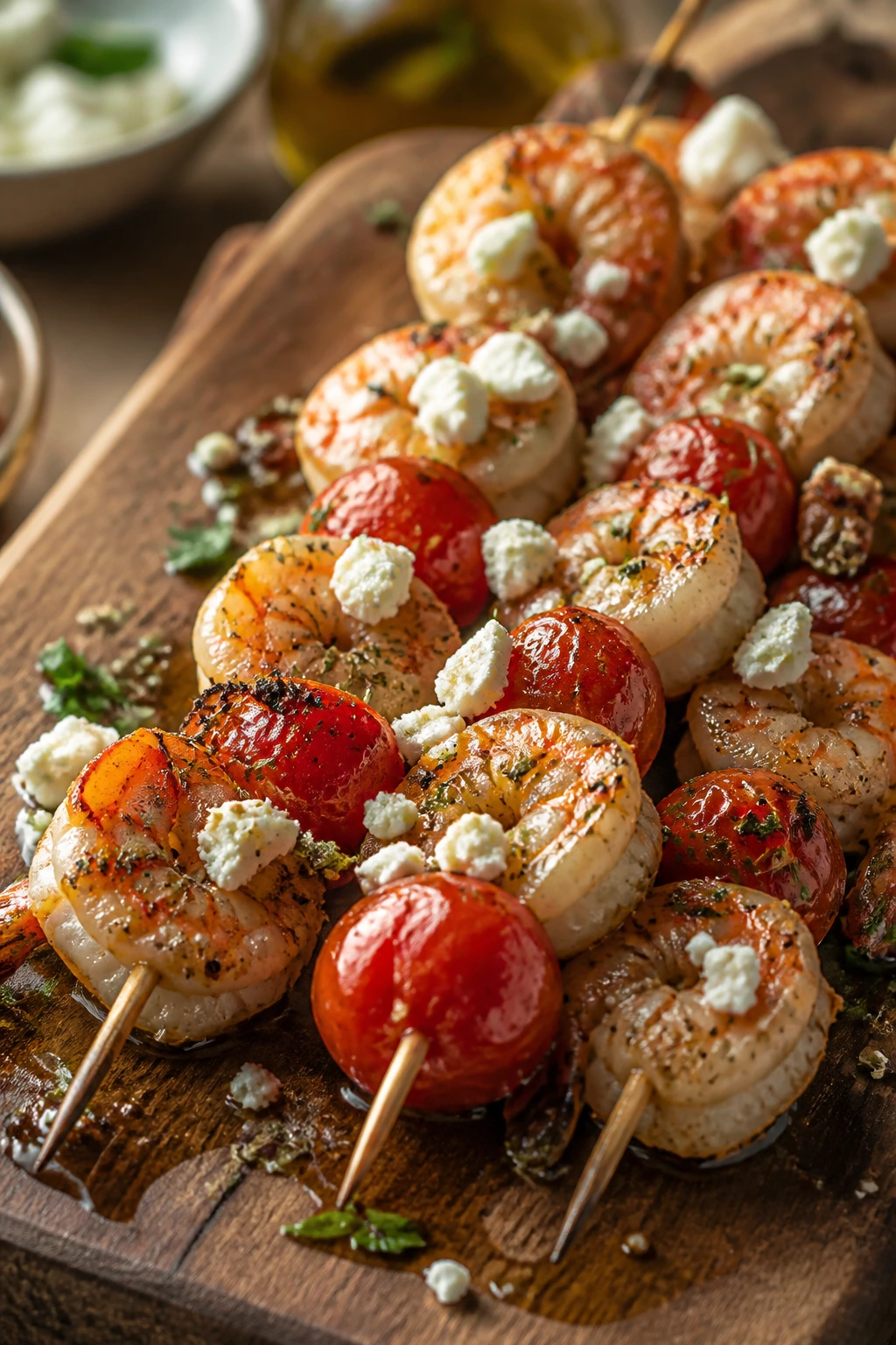 Shrimp saganaki skewers on wooden board