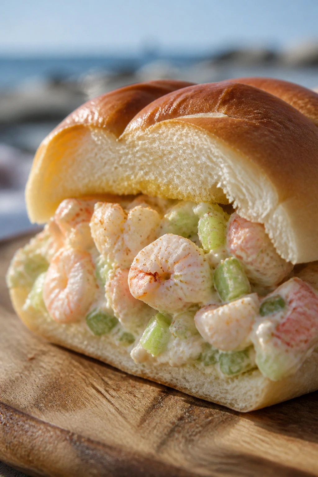 Cross-section Shrimp Salad Roll with Old Bay outdoors