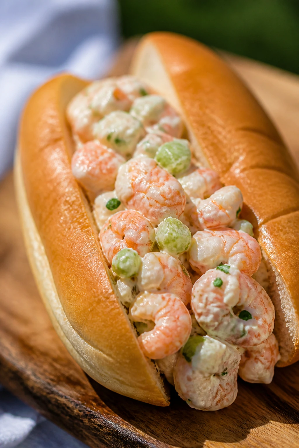 Close-up shrimp salad roll on wooden surface
