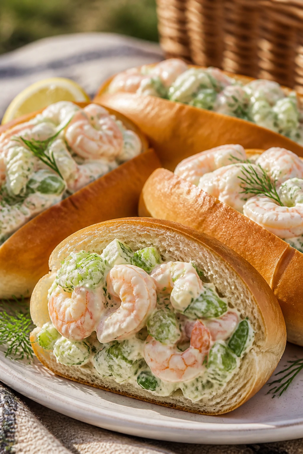 Cross-section of shrimp salad rolls showing shrimp filling and celery in a light plate