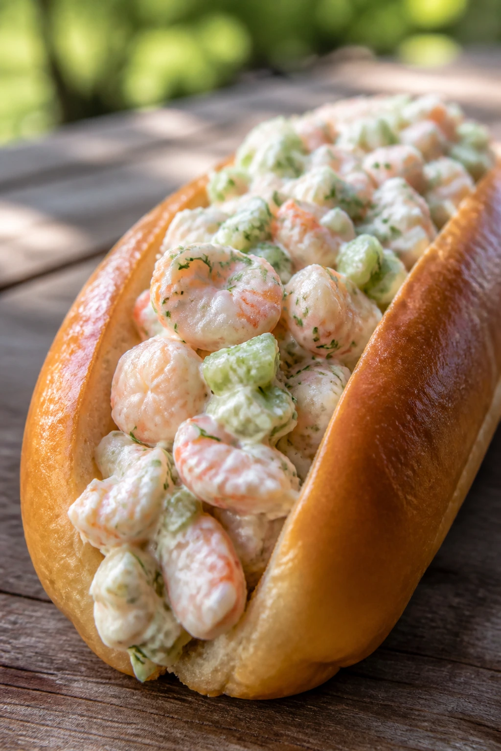 Close-up of Shrimp Salad Roll with celery and dill in a split-top brioche roll.