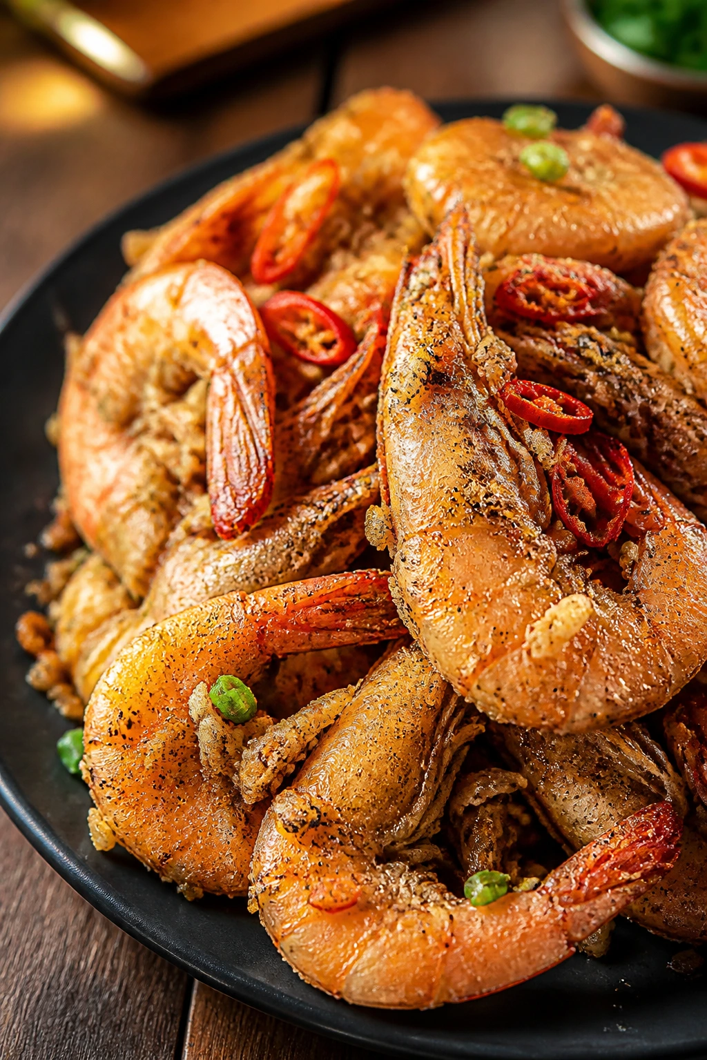 Crackly salt and pepper shrimp on a dark plate