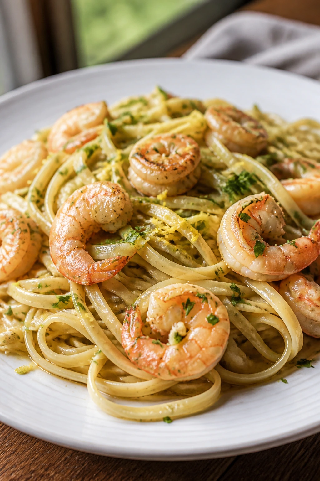 Shrimp scampi with linguine in garlic butter sauce