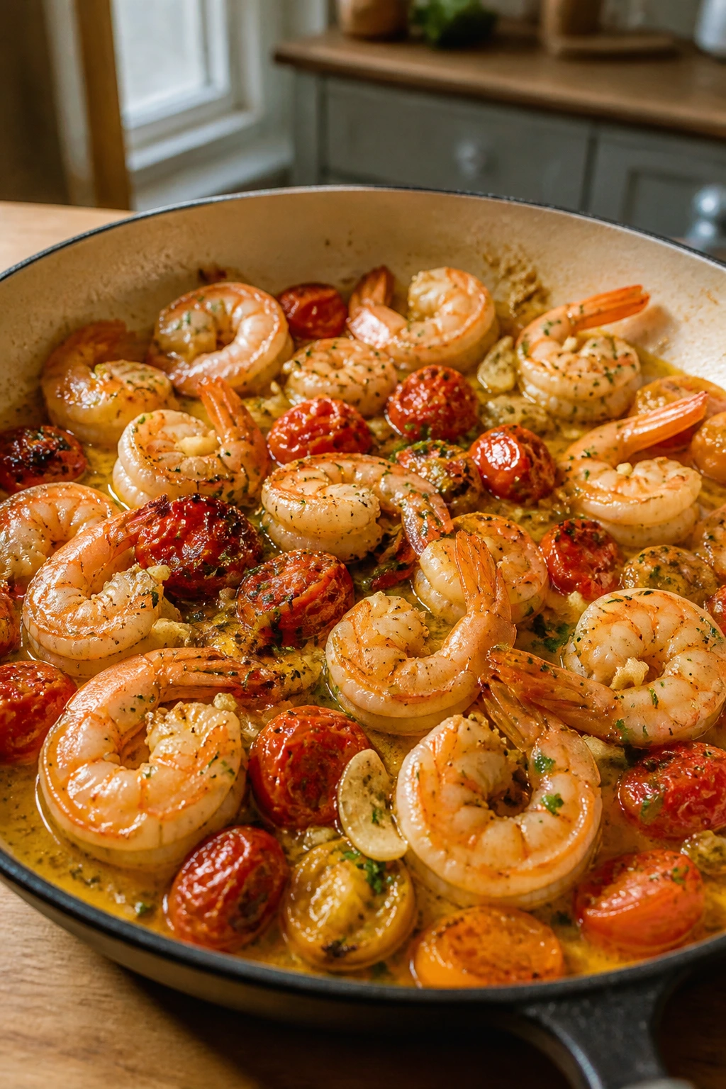 Close-up of shrimp scampi with roasted tomatoes in a skillet