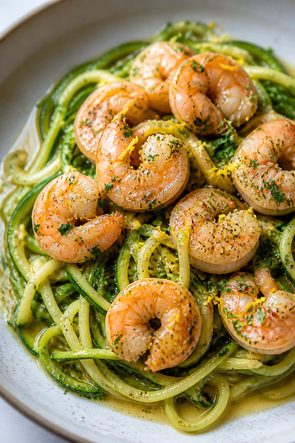 Close-up of shrimp scampi over zucchini noodles on a plate