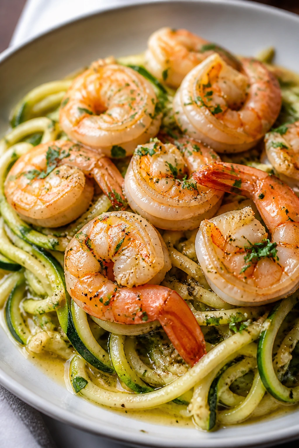 Shrimp scampi over zucchini noodles with lemon butter sauce.