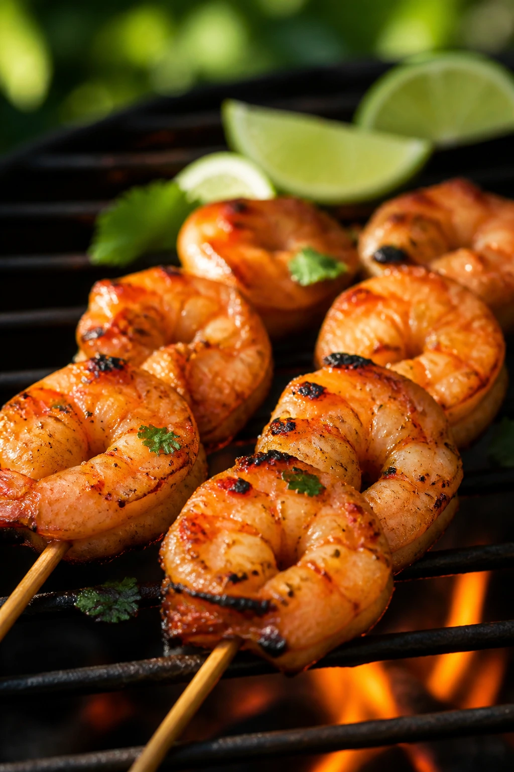 Shrimp skewers with chili-lime glaze on grill outdoors