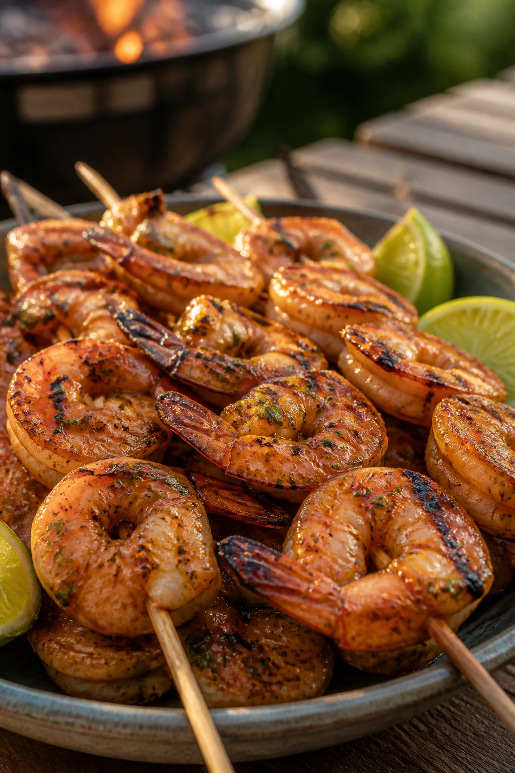 Grilled chili-lime shrimp skewers on outdoor table