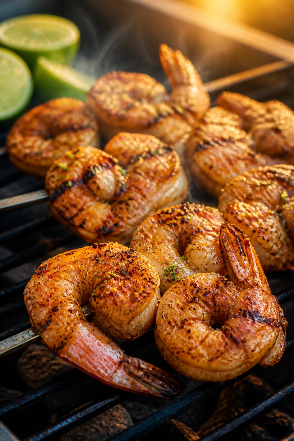 Shrimp skewers with chili powder and lime zest on grill