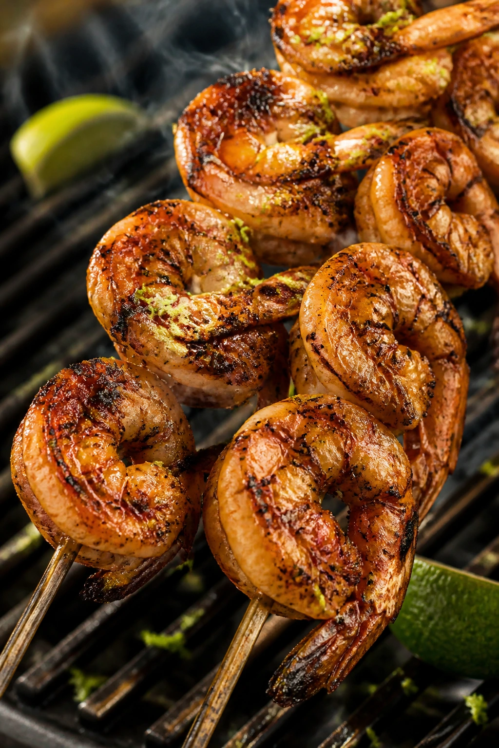 Close-up of chipotle-lime grilled shrimp on skewers.