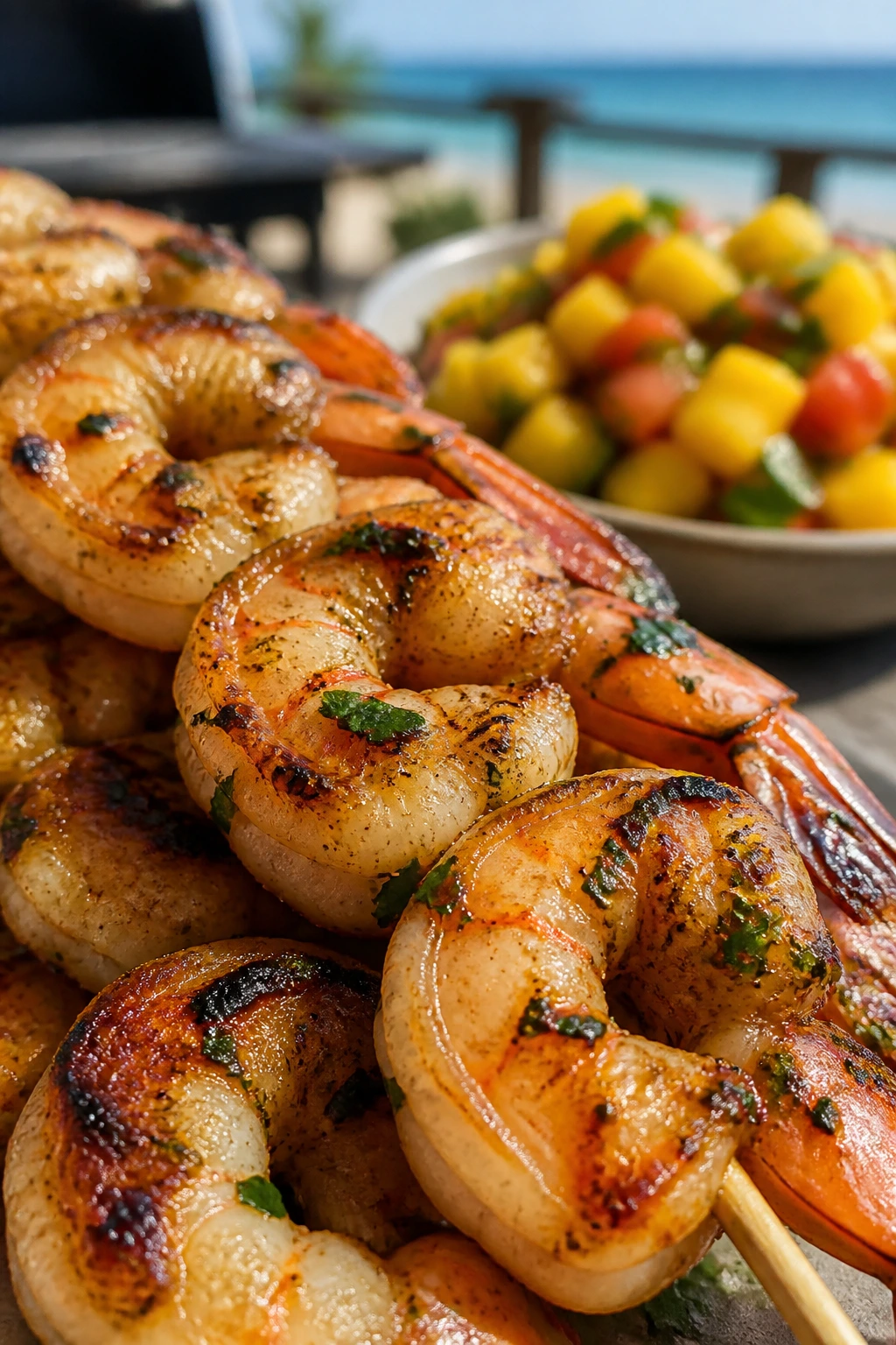 Close-up of coconut-lime shrimp skewers with mango salsa in background