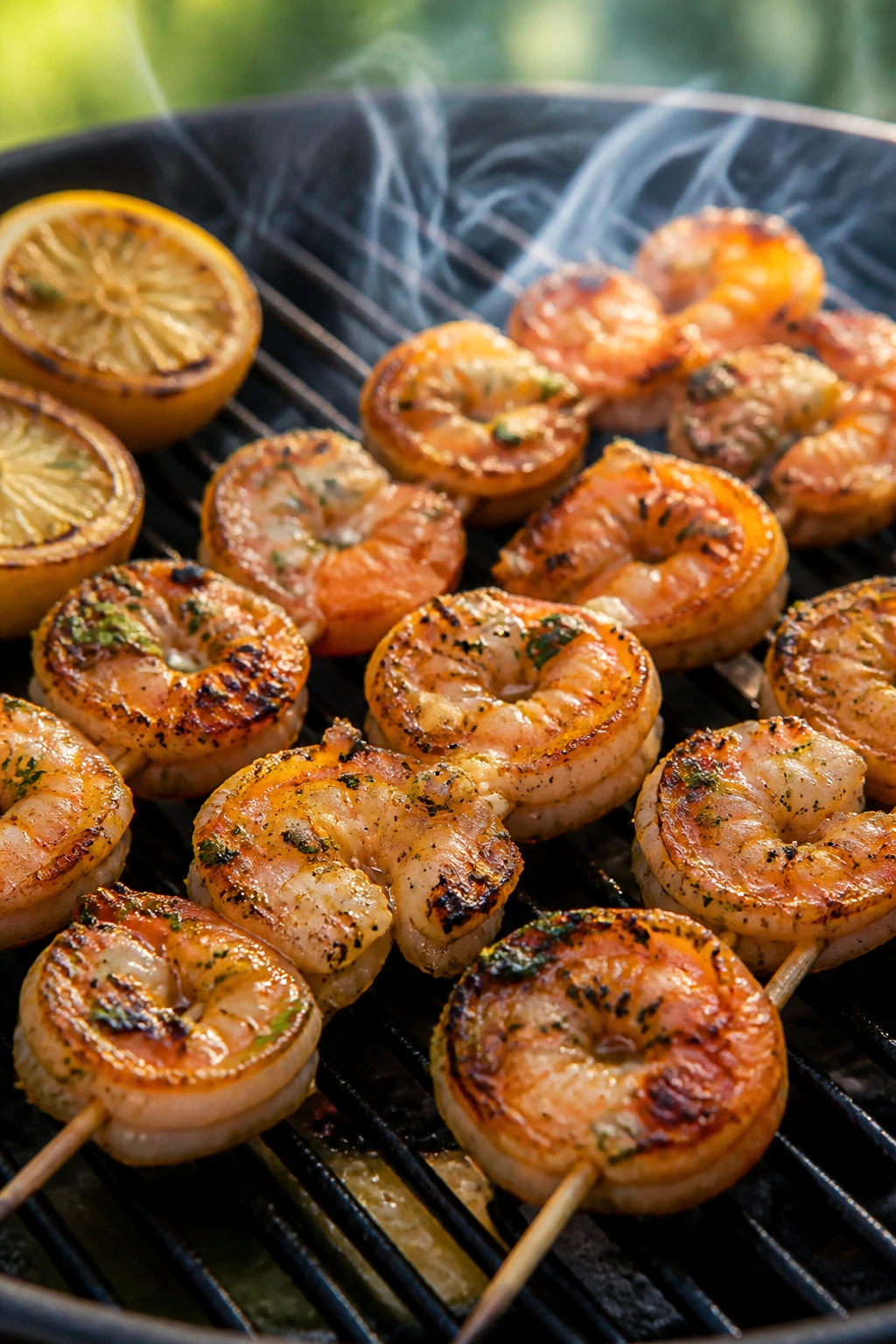 Shrimp skewers with garlic butter on a grill
