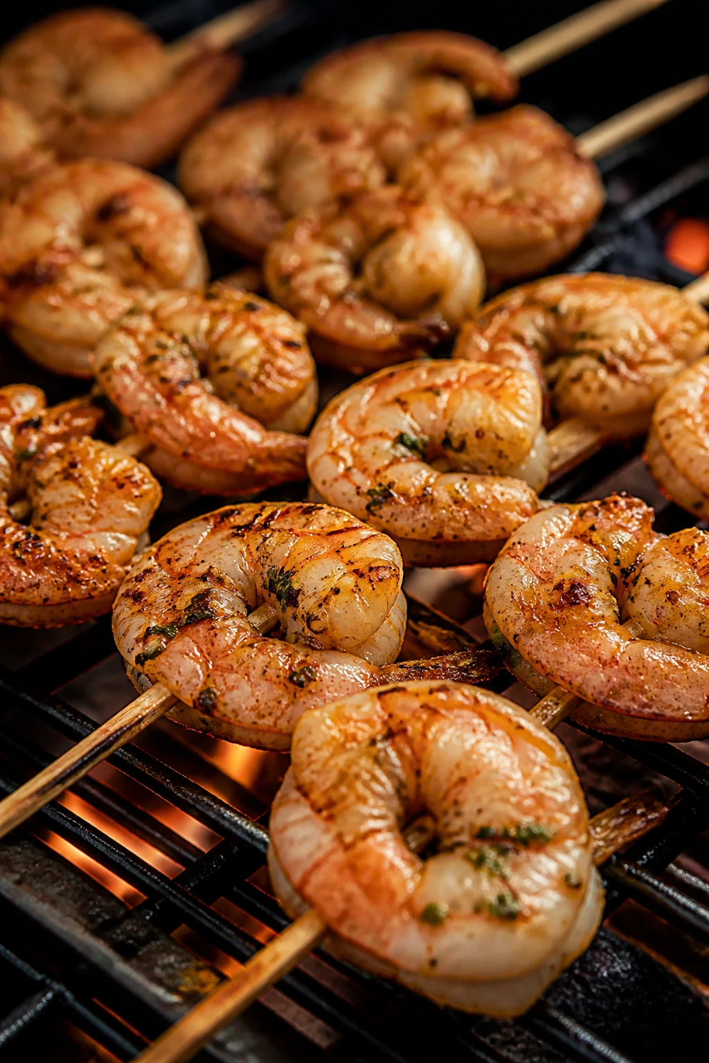 Shrimp skewers brushed with garlic butter cooking on a grill
