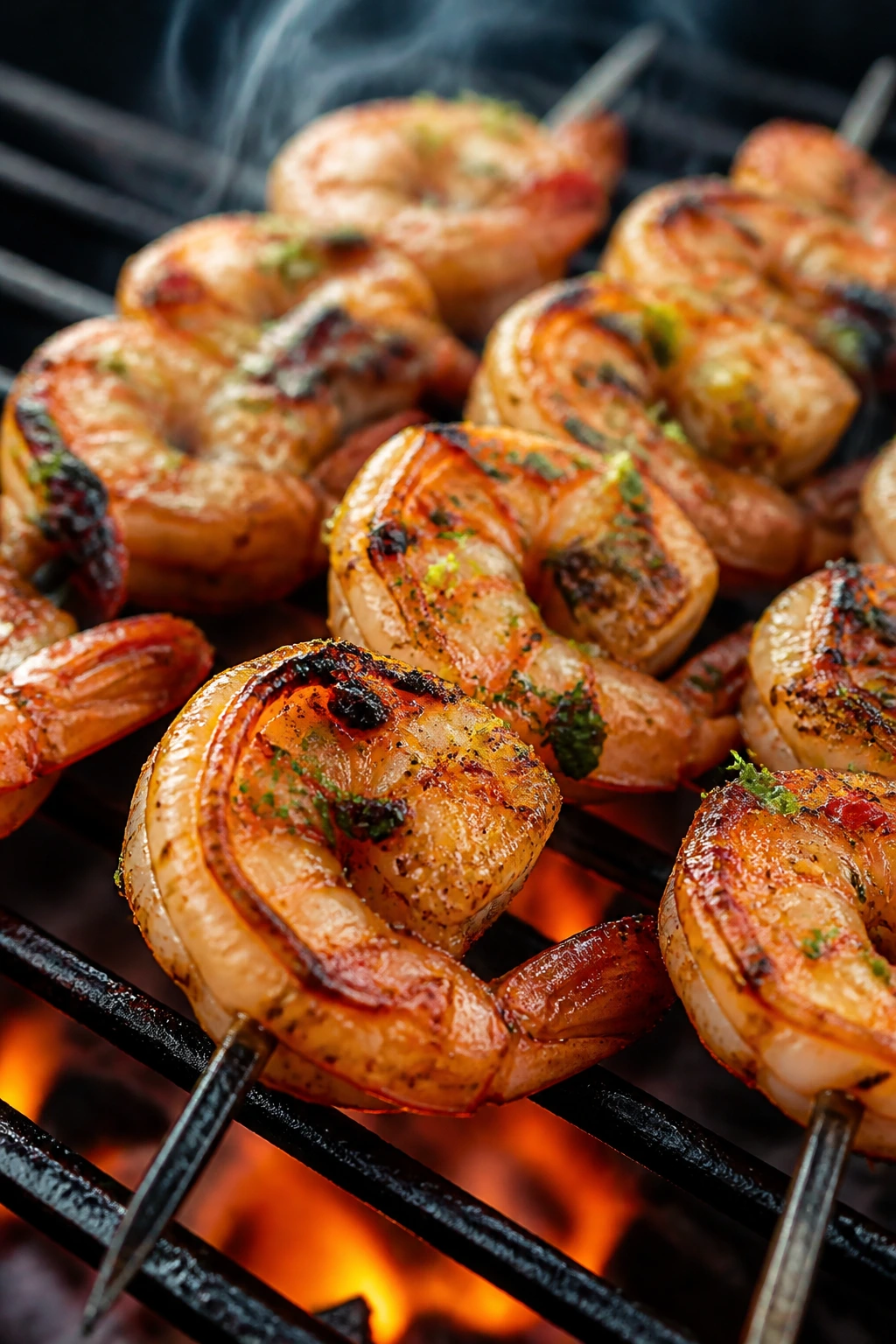 Shrimp skewers on the grill with lime and chili