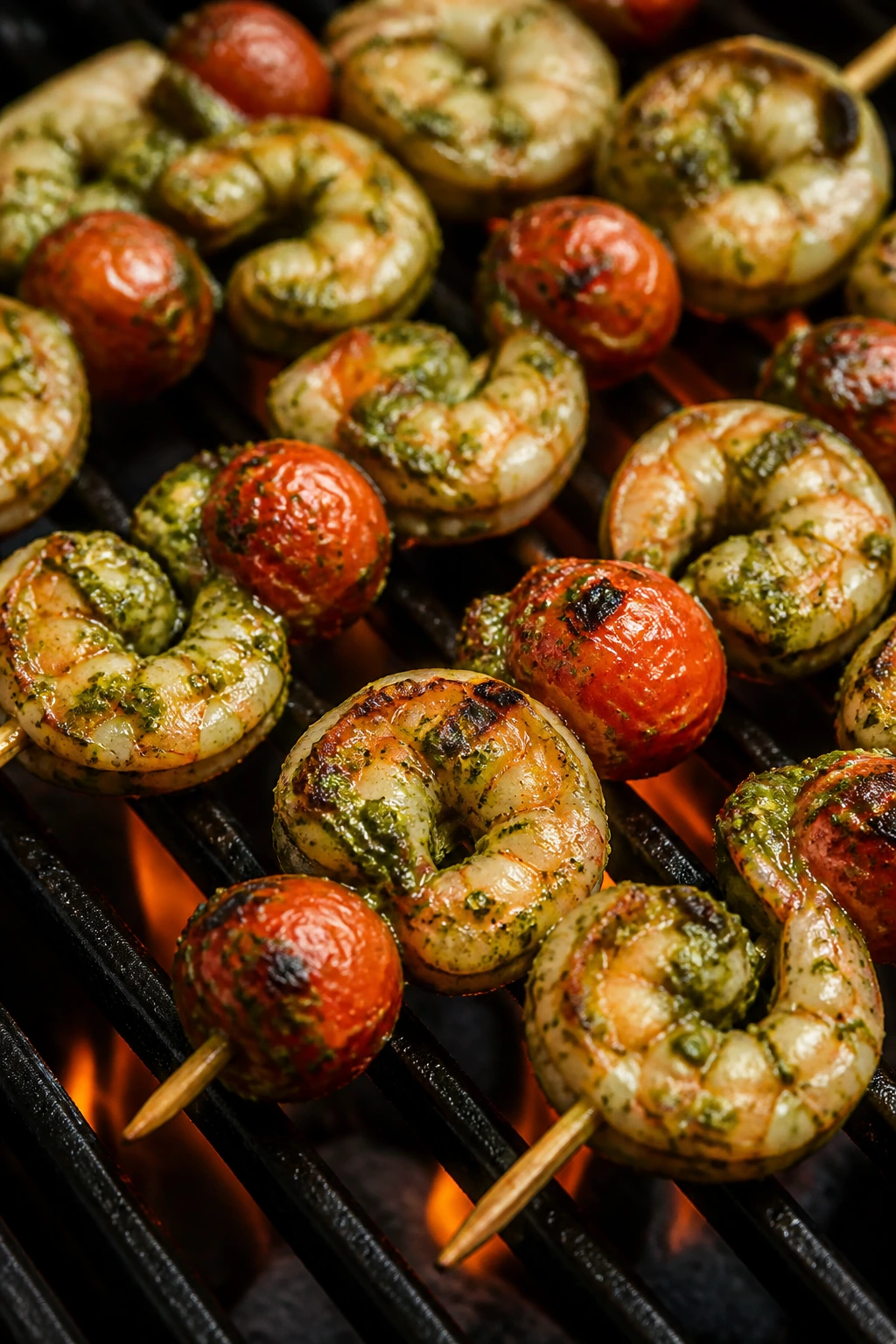 Close-up of pesto-coated shrimp and cherry tomatoes on skewers