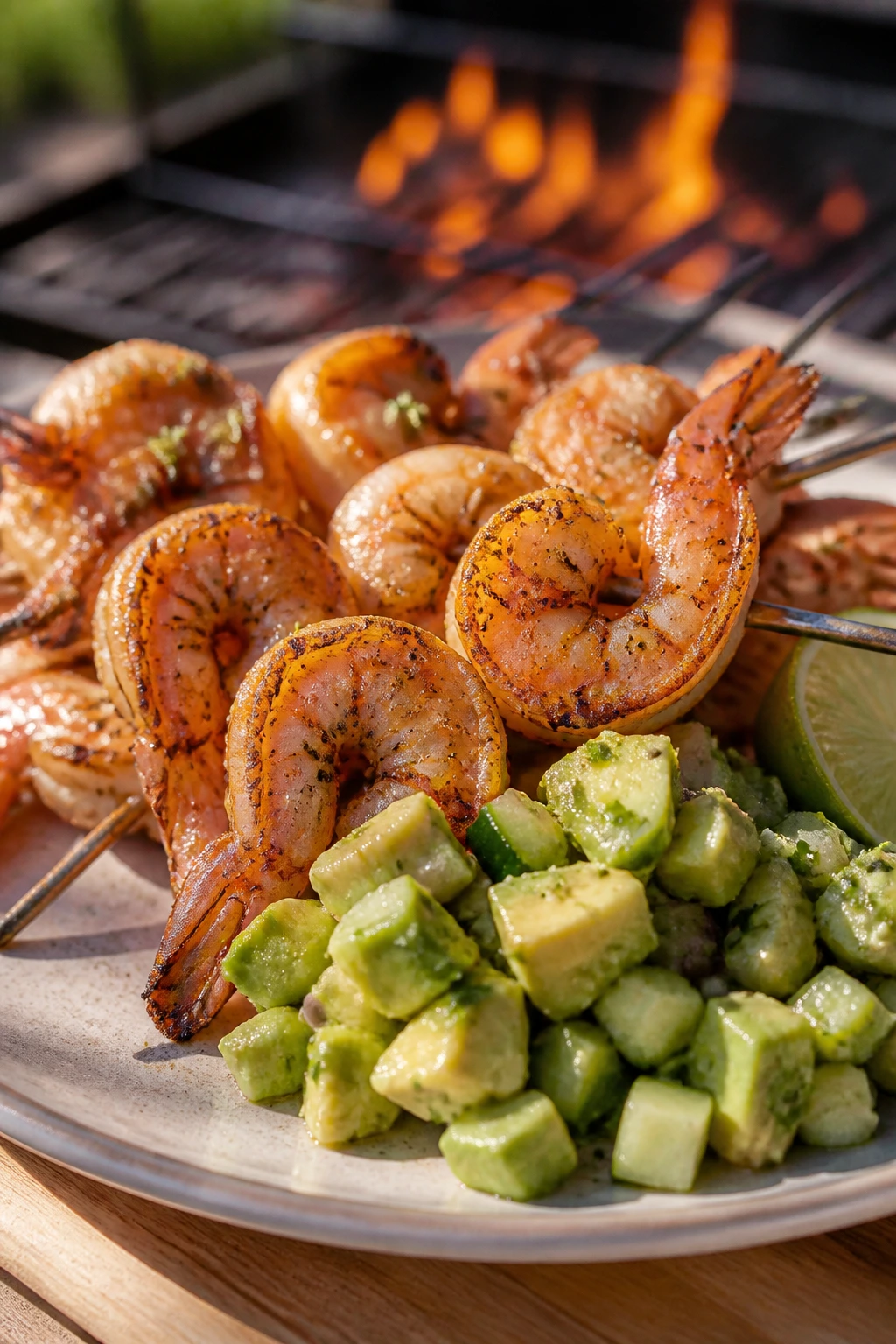 Close-up of shrimp skewers with avocado-cucumber salsa outdoors.