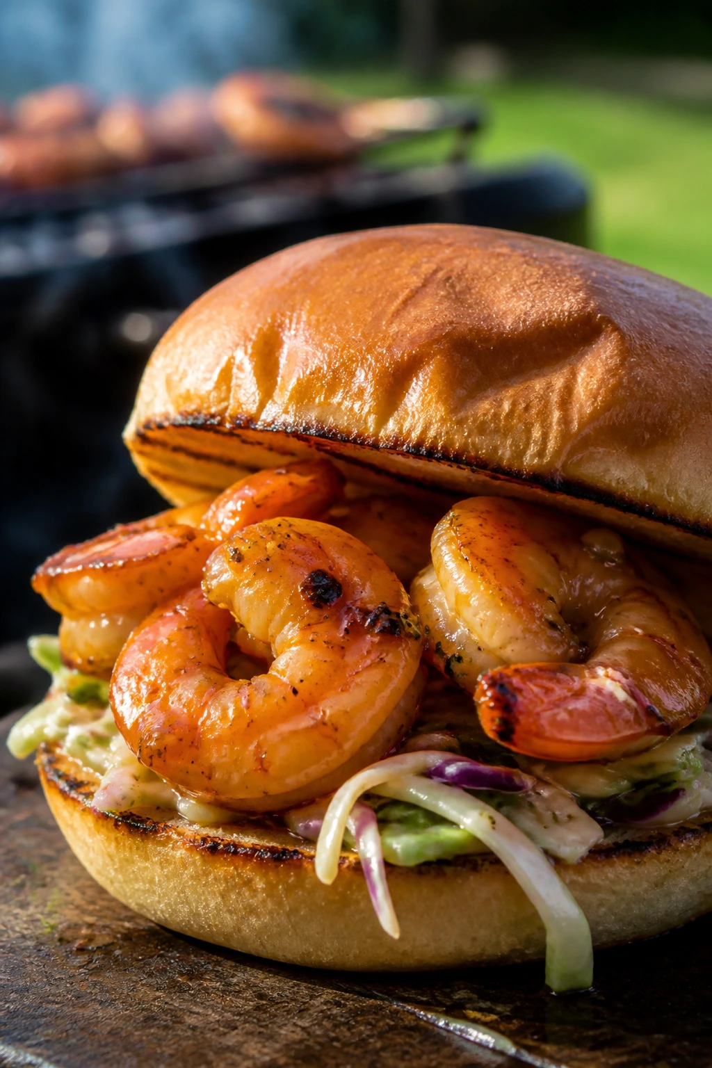 Close-up of shrimp slider with honey-lime glaze outdoors