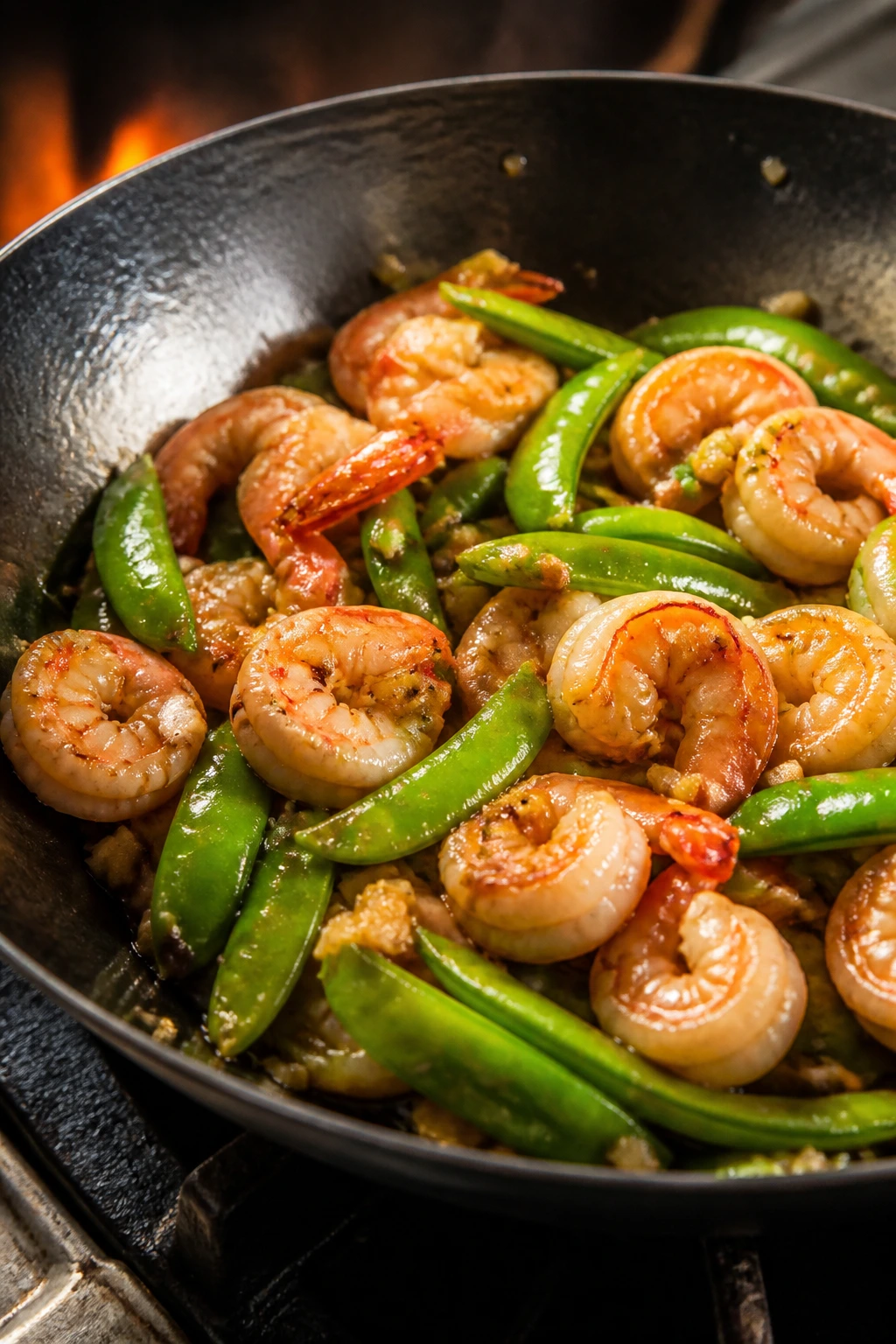 Shrimp and snap peas stir-fry in a wok